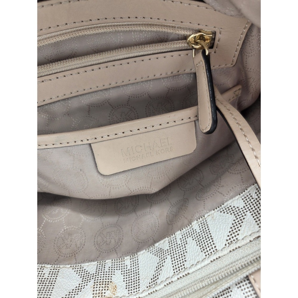 Michael Kors Jet Set Ivory Brown Crossgrain Leather MK Tote Shoulder Bag - Picture 10 of 12